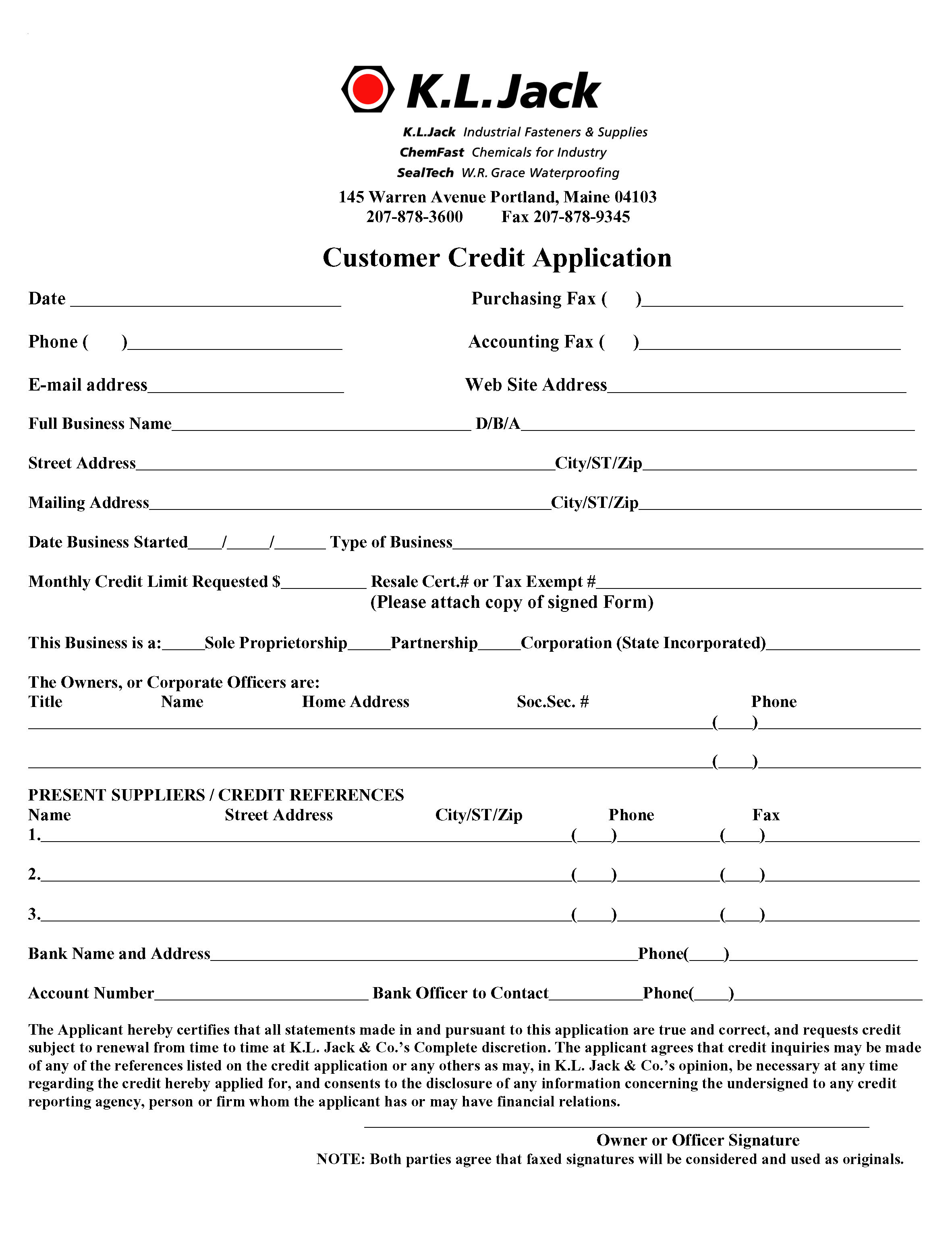 KL Jack Credit Application - PG 1